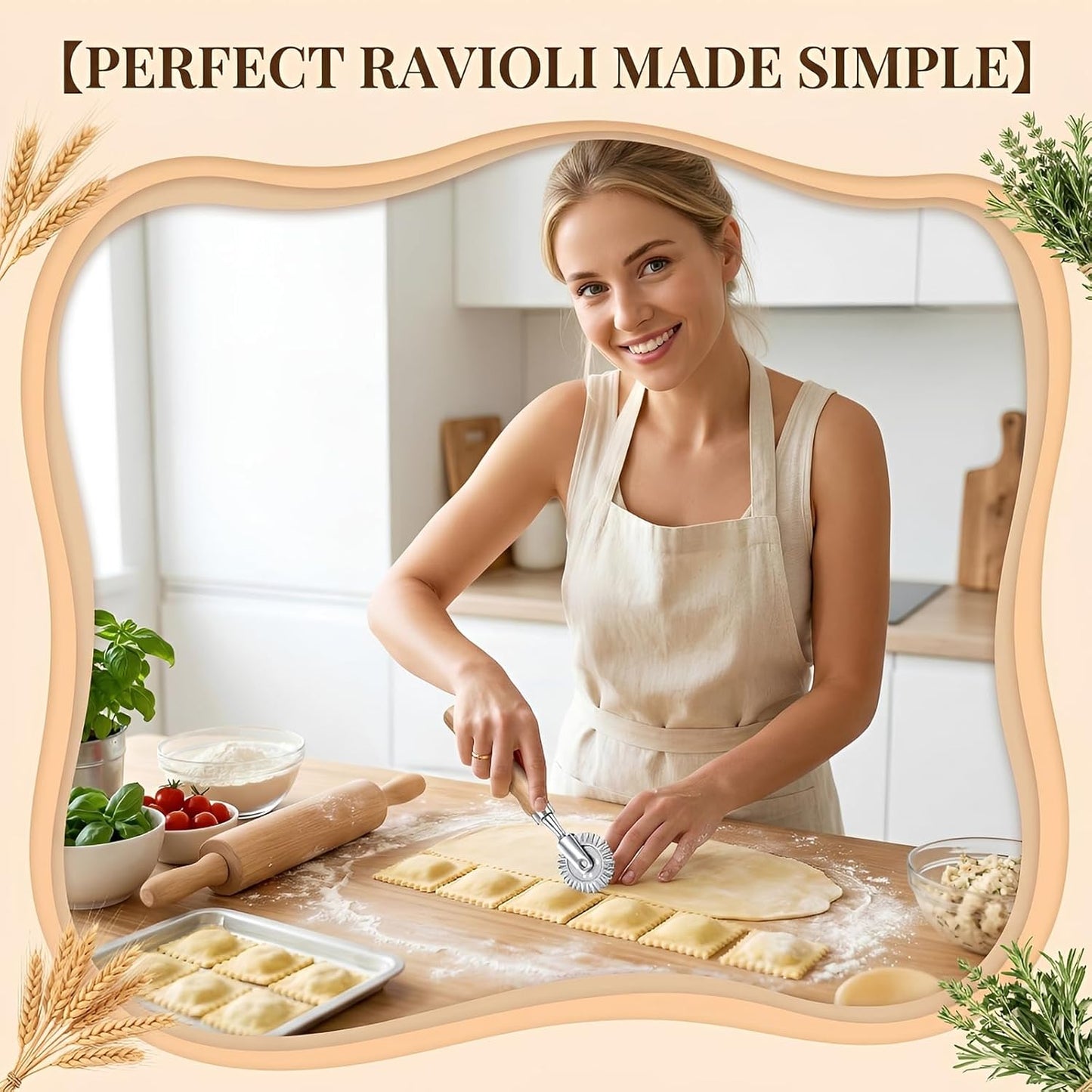 Pastry Cutter Wheel, Fluted Pasta Cutter Ravioli Cutters with Wooden Handle 1.5" Diameter Pasta Cutters Wheel for Ravioli, Dumplings, Lasagna, Pierogi and Cookies 360° Effortless Cutting