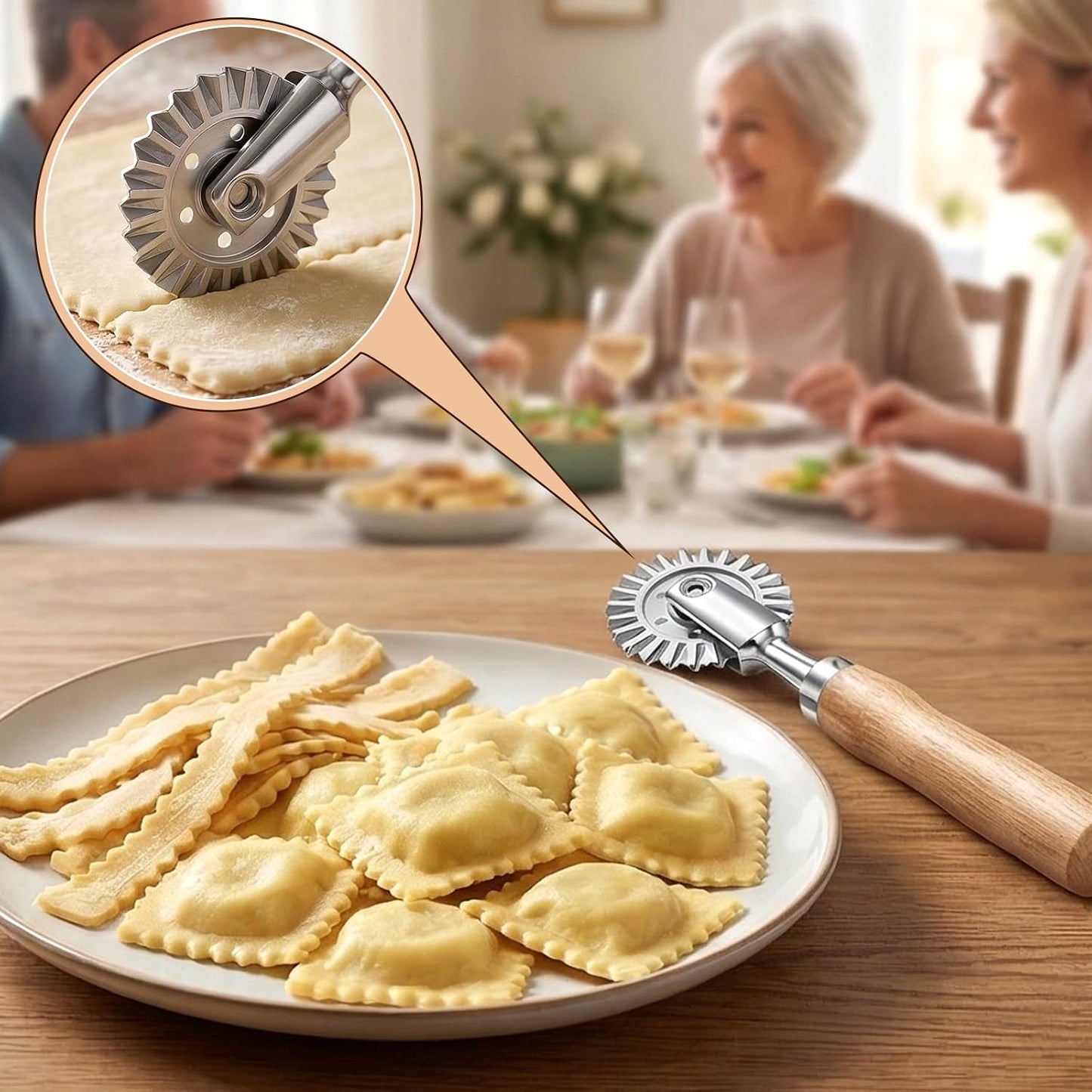 Pastry Cutter Wheel, Fluted Pasta Cutter Ravioli Cutters with Wooden Handle 1.5" Diameter Pasta Cutters Wheel for Ravioli, Dumplings, Lasagna, Pierogi and Cookies 360° Effortless Cutting