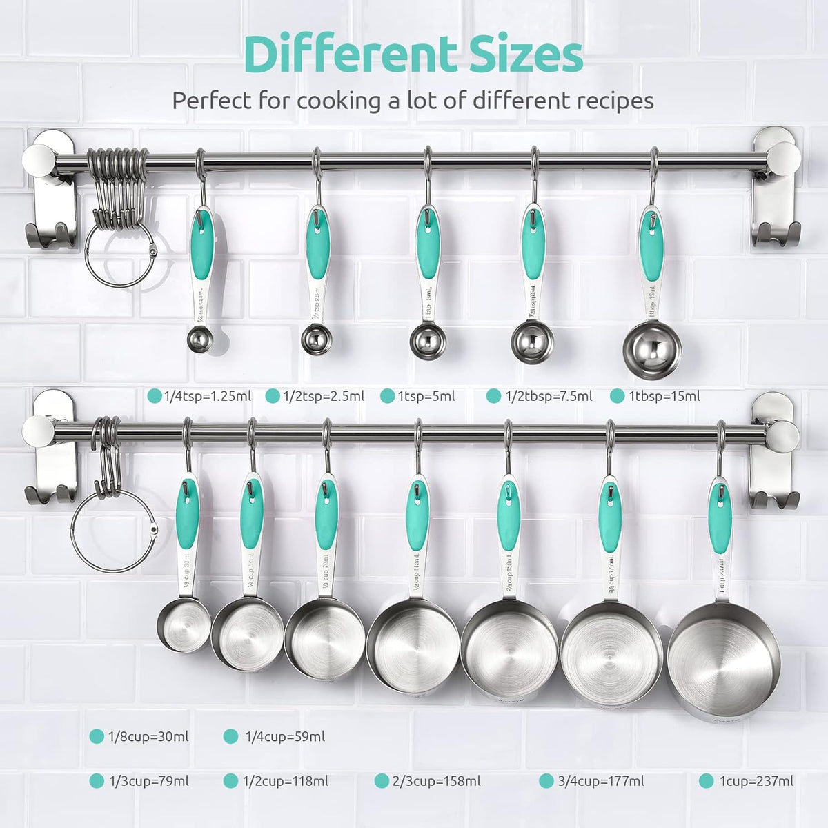 Metal Measuring Cups Spoons Set, Upgraded Handle, 12Pcs, Aqua Sky