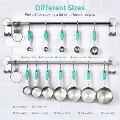 Metal Measuring Cups Spoons Set, Upgraded Handle, 12Pcs, Aqua Sky