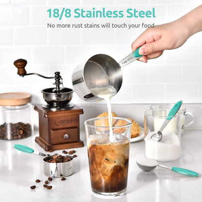 Metal Measuring Cups Spoons Set, Upgraded Handle, 12Pcs, Aqua Sky