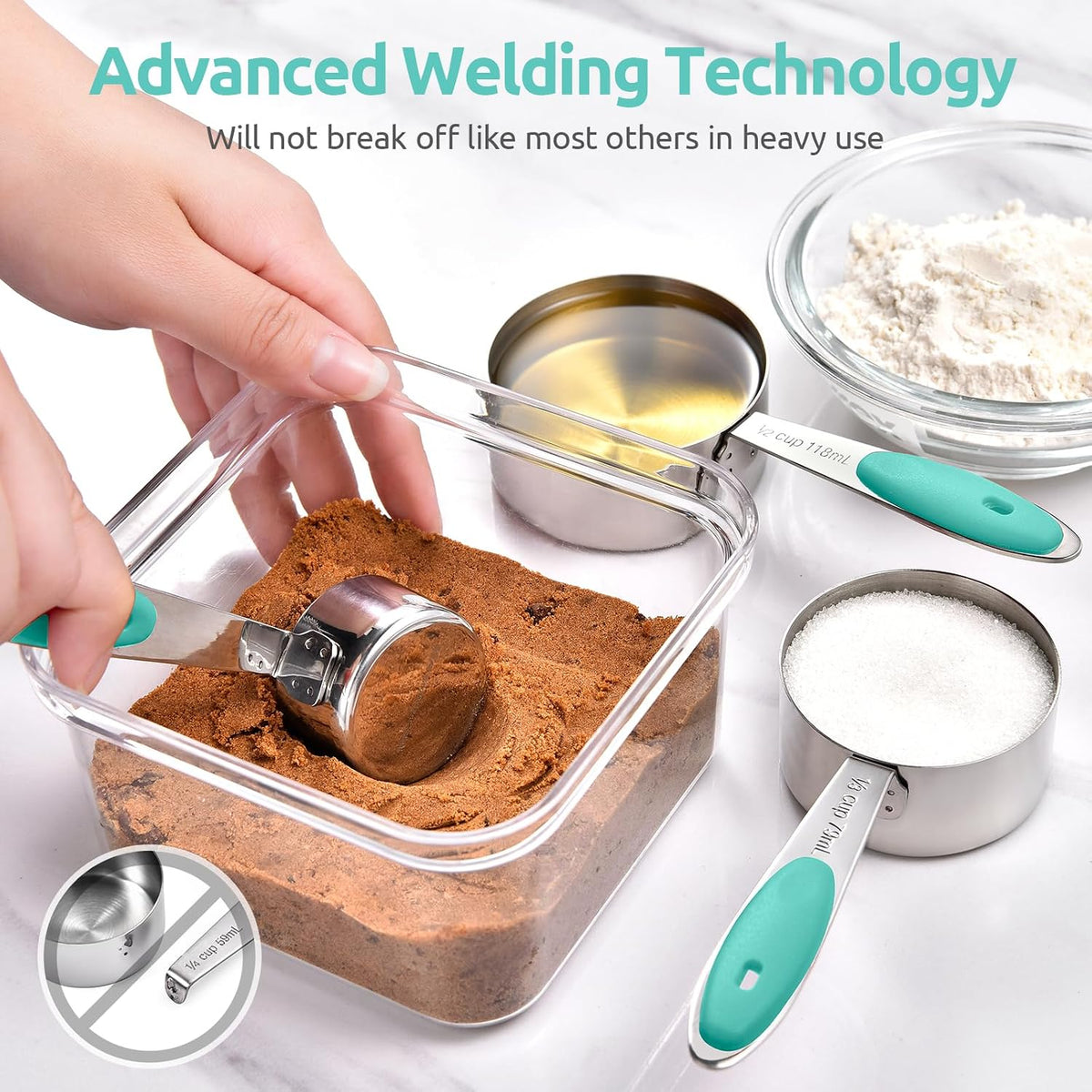 Metal Measuring Cups Spoons Set, Upgraded Handle, 12Pcs, Aqua Sky