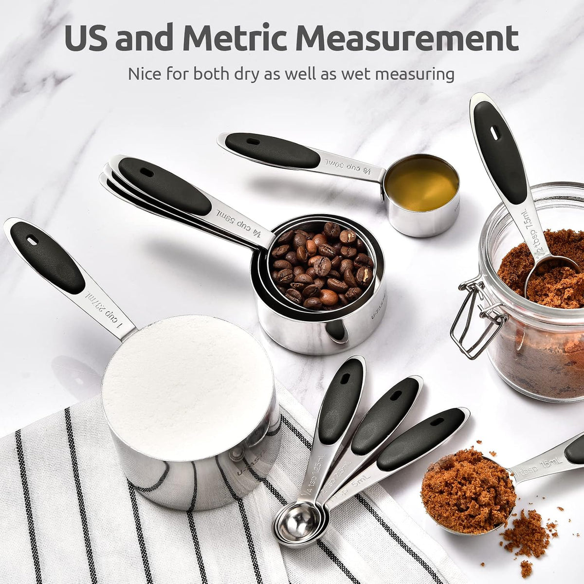 Metal Measuring Cups Spoons Set, Upgraded Handle, 12Pcs, Aqua Sky