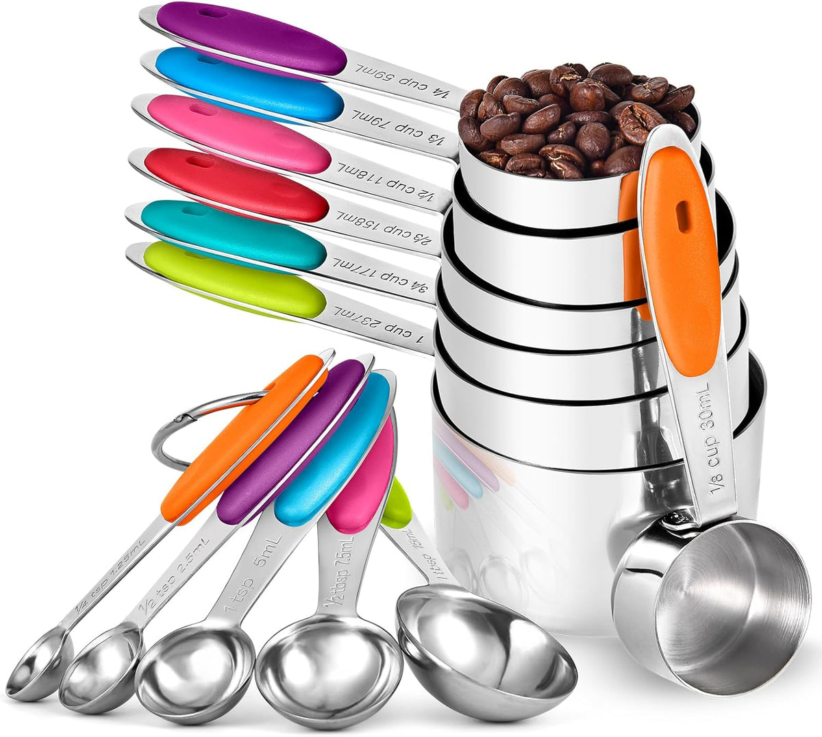 Metal Measuring Cups Spoons Set, Upgraded Handle, 12Pcs, Aqua Sky