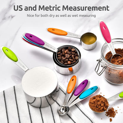 Metal Measuring Cups Spoons Set, Upgraded Handle, 12Pcs, Aqua Sky