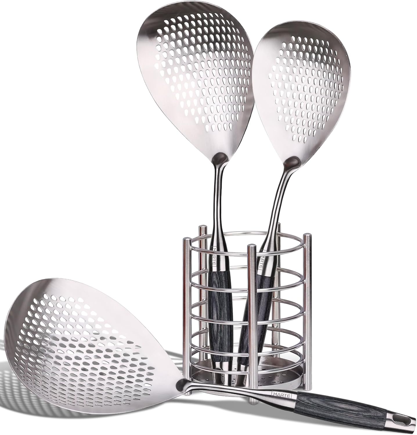 Skimmer Slotted Spoon Set of 4 - Kitchen Pasta Strainer Spoon - Spider Strainer Skimmer Ladle Spoon with Holder for Cooking and Frying Food, Spaghetti, Vegetable, Dumpling - 14.8In,16.5In,17In