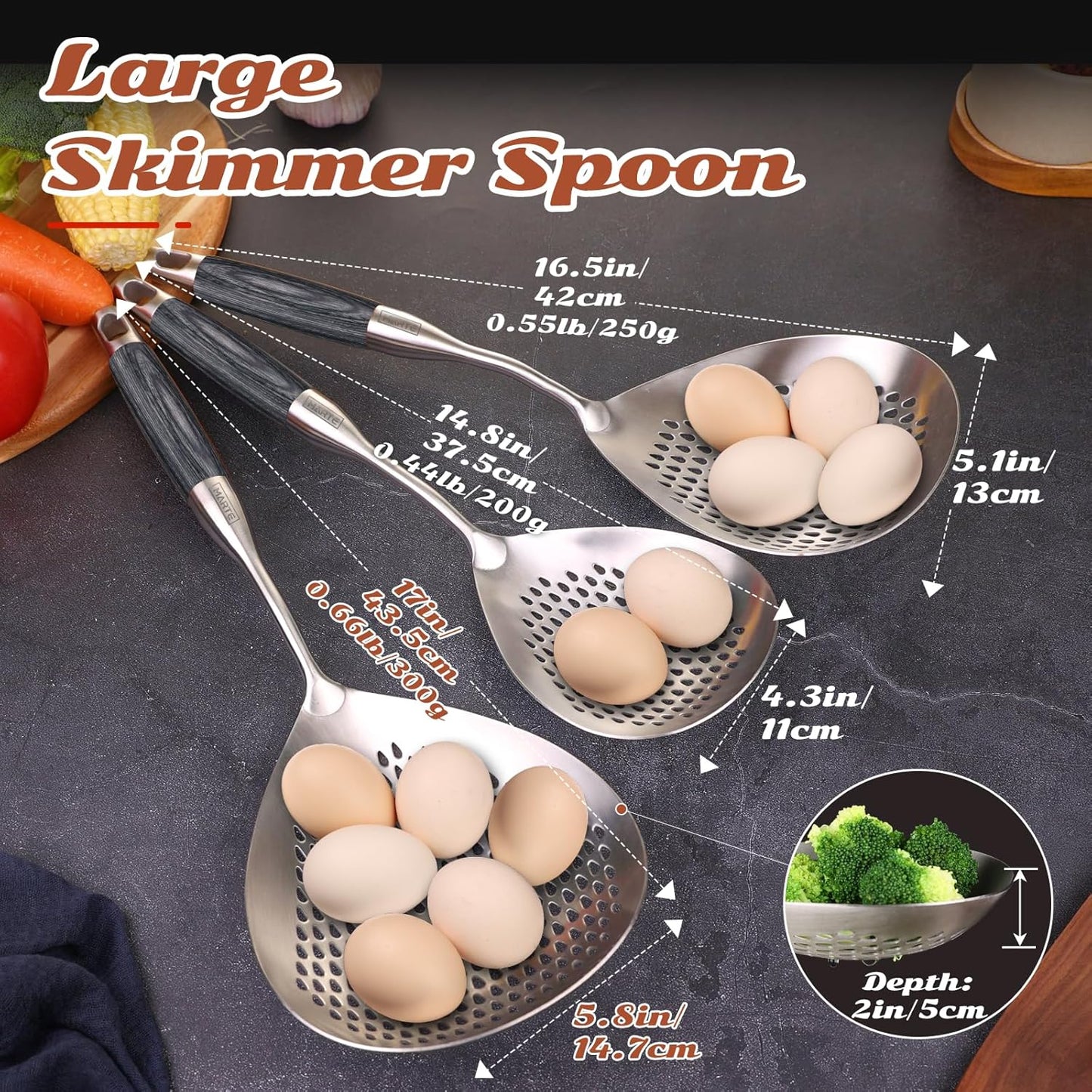 Skimmer Slotted Spoon Set of 4 - Kitchen Pasta Strainer Spoon - Spider Strainer Skimmer Ladle Spoon with Holder for Cooking and Frying Food, Spaghetti, Vegetable, Dumpling - 14.8In,16.5In,17In