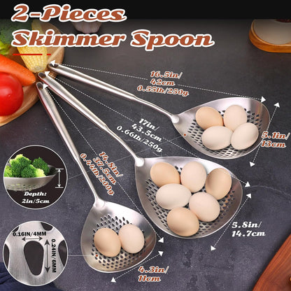 Skimmer Slotted Spoon Set of 4 - Kitchen Pasta Strainer Spoon - Spider Strainer Skimmer Ladle Spoon with Holder for Cooking and Frying Food, Spaghetti, Vegetable, Dumpling - 14.8In,16.5In,17In