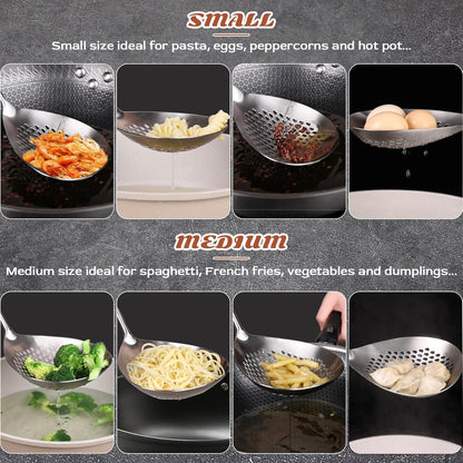 Skimmer Slotted Spoon Set of 4 - Kitchen Pasta Strainer Spoon - Spider Strainer Skimmer Ladle Spoon with Holder for Cooking and Frying Food, Spaghetti, Vegetable, Dumpling - 14.8In,16.5In,17In