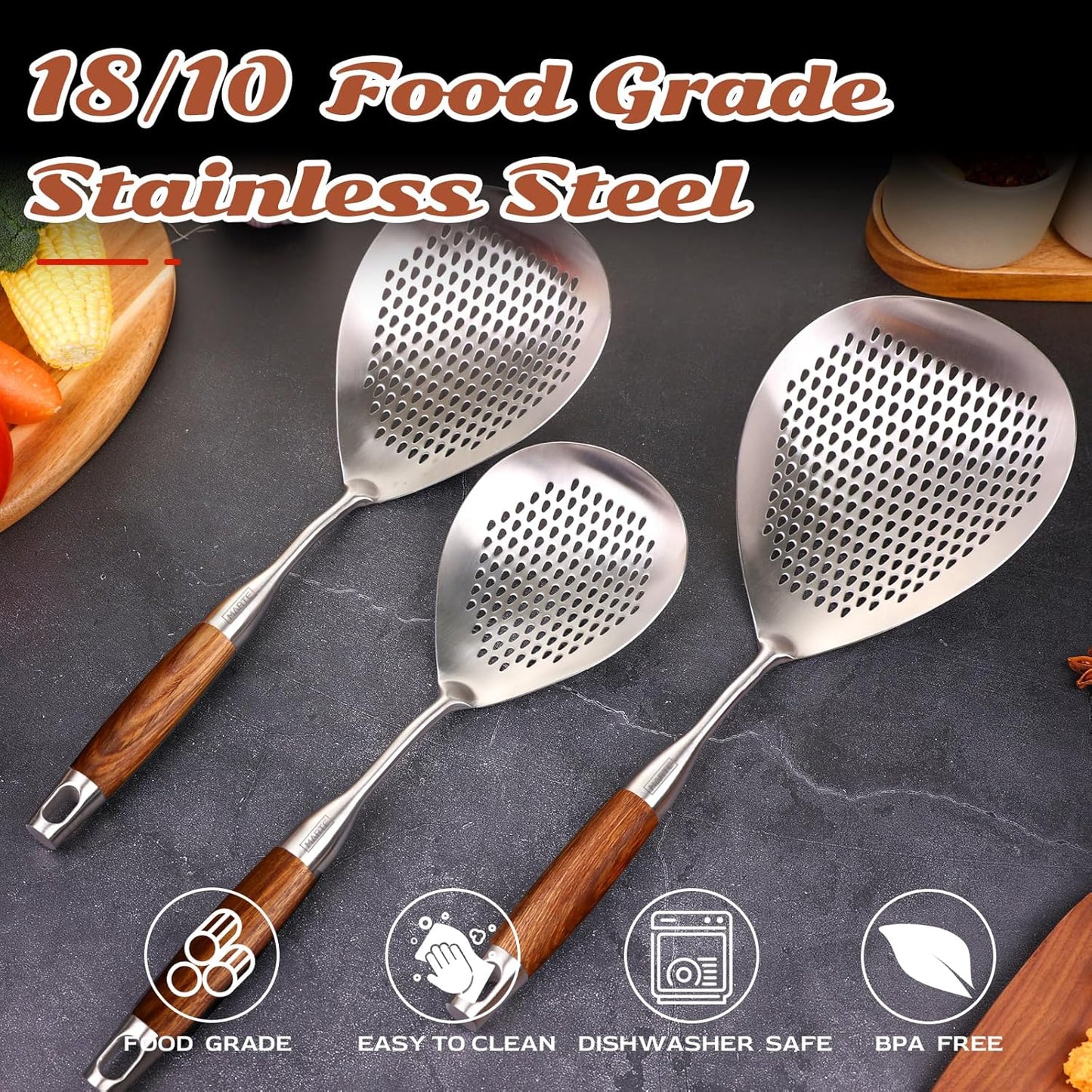 Skimmer Slotted Spoon Set of 4 - Kitchen Pasta Strainer Spoon - Spider Strainer Skimmer Ladle Spoon with Holder for Cooking and Frying Food, Spaghetti, Vegetable, Dumpling - 14.8In,16.5In,17In