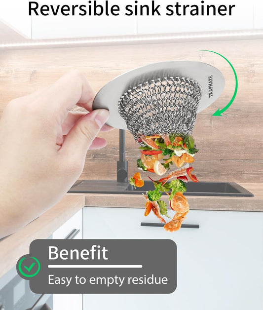 Kitchen Sink Drain Strainer, Reversible Chain Mesh Sink Strainer, 304 Stainless Steel Anti-Clogging & Easy Clean Sink Strainer Basket, Fits US Standard Kitchen Sink Drains, Dishwasher Safe