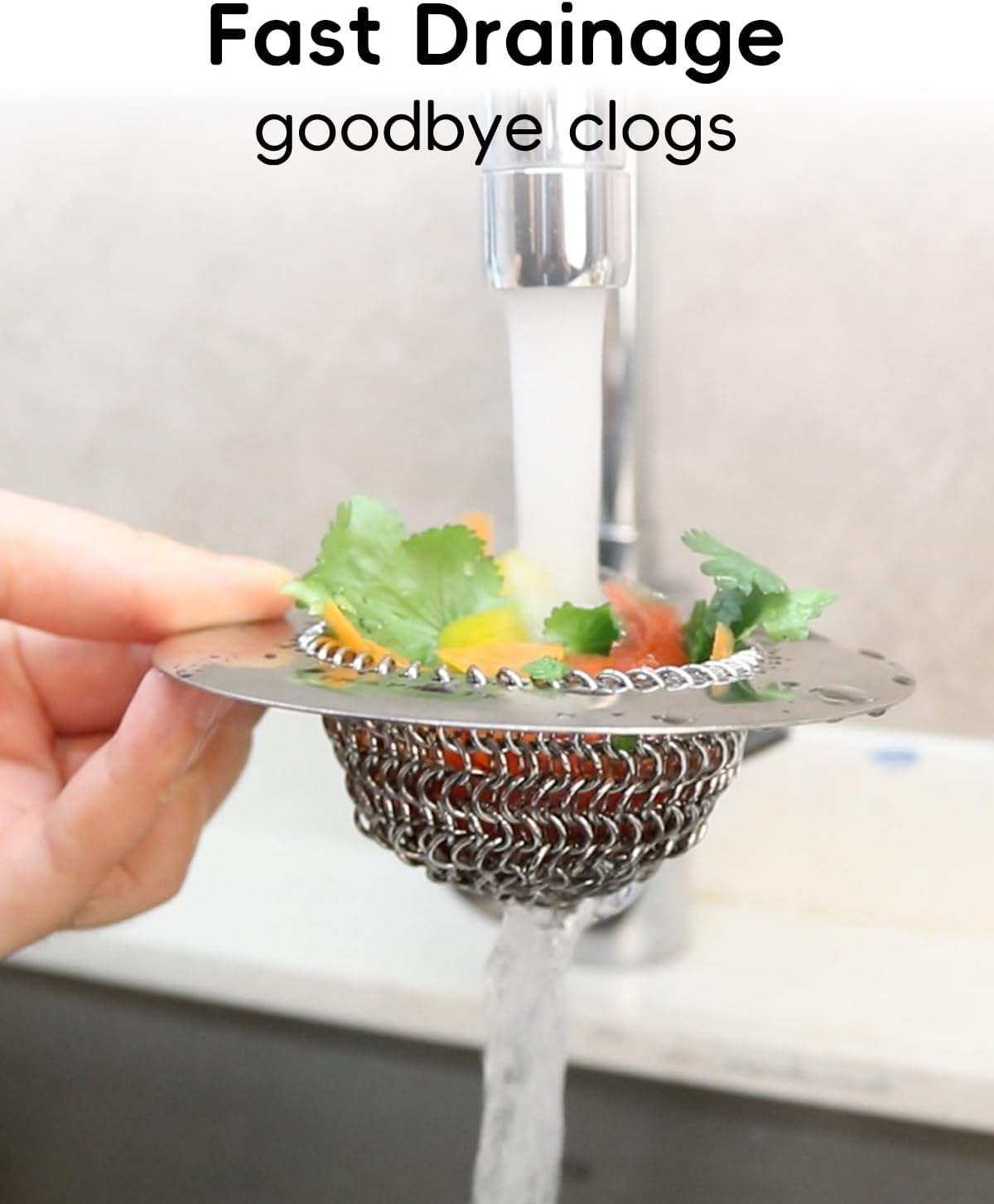 Kitchen Sink Drain Strainer, Reversible Chain Mesh Sink Strainer, 304 Stainless Steel Anti-Clogging & Easy Clean Sink Strainer Basket, Fits US Standard Kitchen Sink Drains, Dishwasher Safe
