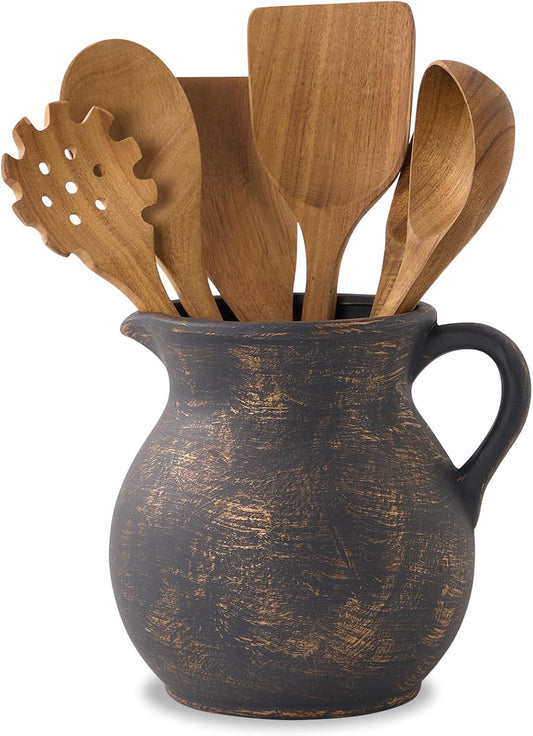 Rustic Kitchen Utensil Holder - 7.6 Inch Ceramic Utensil Crock for Countertop, Vintage Kitchen Counter Decor