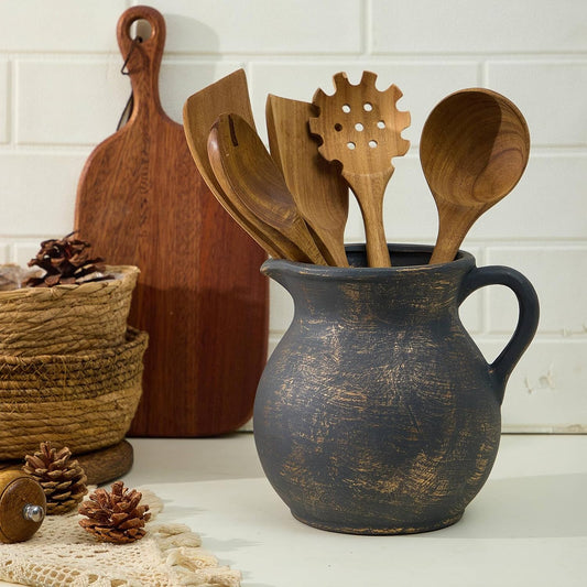 Rustic Kitchen Utensil Holder - 7.6 Inch Ceramic Utensil Crock for Countertop, Vintage Kitchen Counter Decor