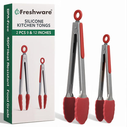 Stainless Steel Kitchen Tongs for Cooking with Silicone Tips, Silicone Tong for Grilling, Serving Food and Kitchen Essentials, 9" & 12" Silicone Tongs, Set of 2