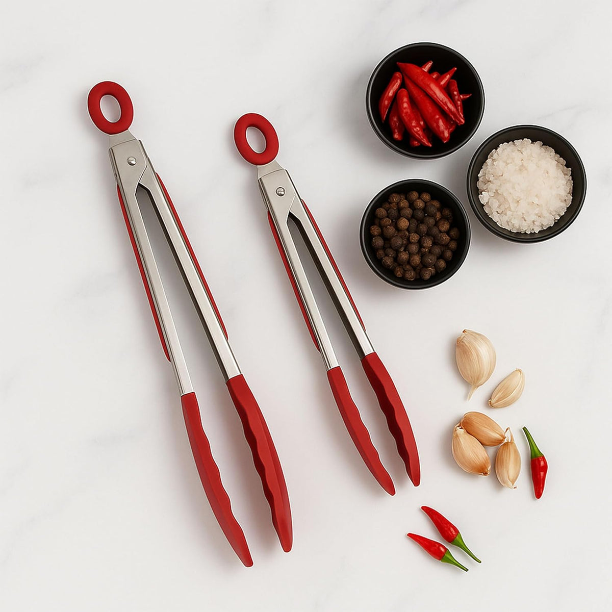 Stainless Steel Kitchen Tongs for Cooking with Silicone Tips, Silicone Tong for Grilling, Serving Food and Kitchen Essentials, 9" & 12" Silicone Tongs, Set of 2