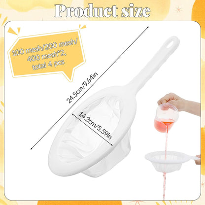 4 Pcs Kitchen Ultra-Fine Nylon Mesh Strainer(100/200/400) Brine Shrimp Net Sieve Fish Net Aquarium Sieve Reusable Food Grade Fine Filter Plastic Mesh Colander with Handle for Soy Milk Coffee