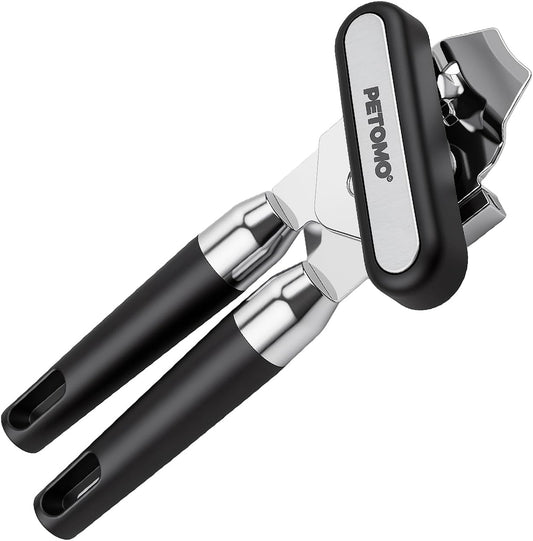 Stainless Steel Manual Can Opener with Bottle Opener - Razor Sharp Cutting Wheel, Soft Ergonomic Grip Handles, Oversized Easy-Turn Knob, Smooth Edge Safe Operation, Black