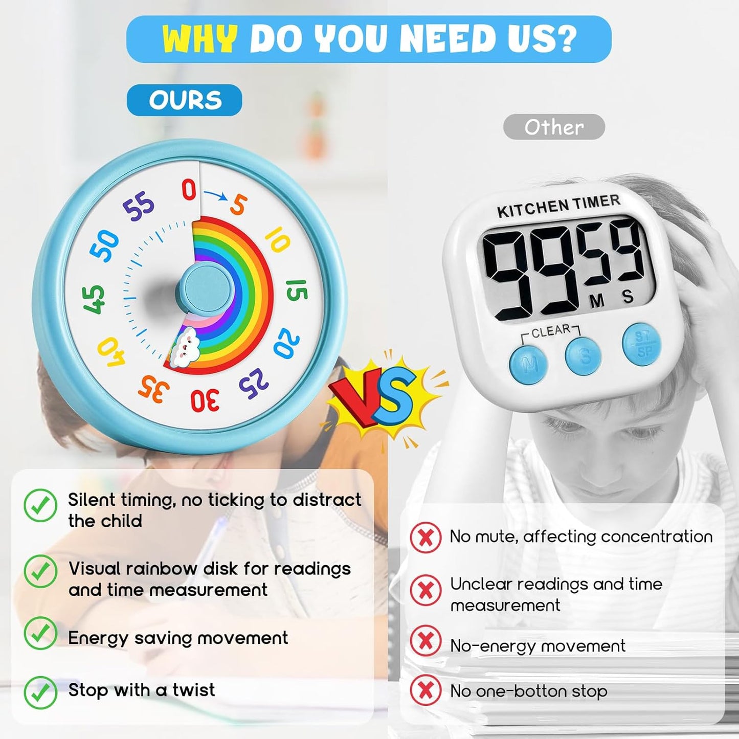 Visual Timer for Kids, 60 Minute Countdown Timers for Classroom Kitchen Office, Rainbow Disk Desk Timer Clock with Silent Operation, Pomodoro Timer Time Management Tools for Toddler ADHD Blue
