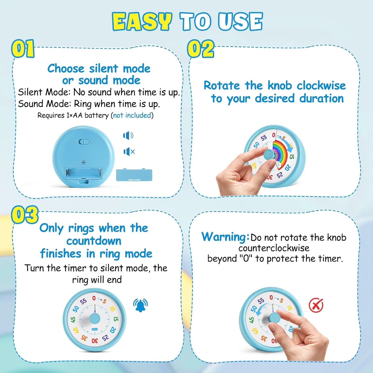 Visual Timer for Kids, 60 Minute Countdown Timers for Classroom Kitchen Office, Rainbow Disk Desk Timer Clock with Silent Operation, Pomodoro Timer Time Management Tools for Toddler ADHD Blue