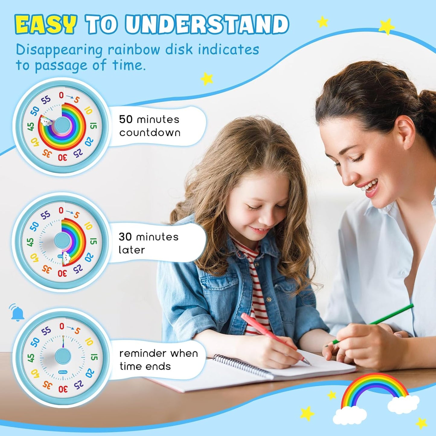 Visual Timer for Kids, 60 Minute Countdown Timers for Classroom Kitchen Office, Rainbow Disk Desk Timer Clock with Silent Operation, Pomodoro Timer Time Management Tools for Toddler ADHD Blue