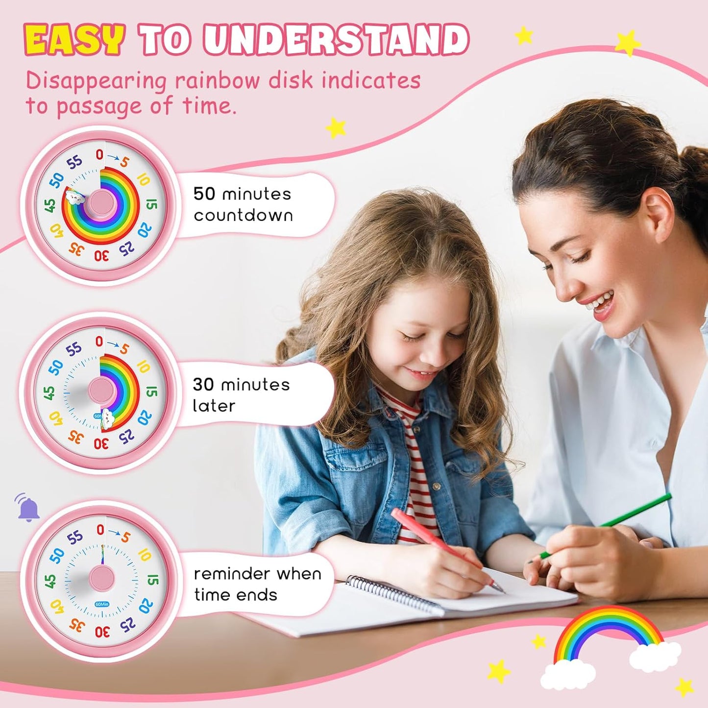 Visual Timer for Kids, 60 Minute Countdown Timers for Classroom Kitchen Office, Rainbow Disk Desk Timer Clock with Silent Operation, Pomodoro Timer Time Management Tools for Toddler ADHD Blue