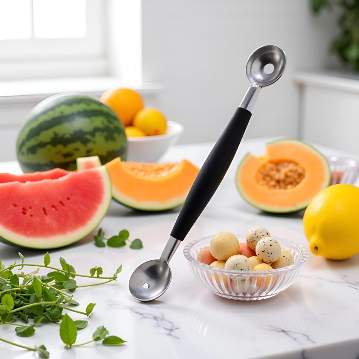 1Pc Black Double-Sided Fruit Melon Baller Spoon 2 in 1 Stainless Steel Melon Ballers Melon Scoop for Watermelon Cantaloupe Icecream Ball,18cm,Fruit and Vegetable Tools,Melon Ballers,Kitchen and Dining