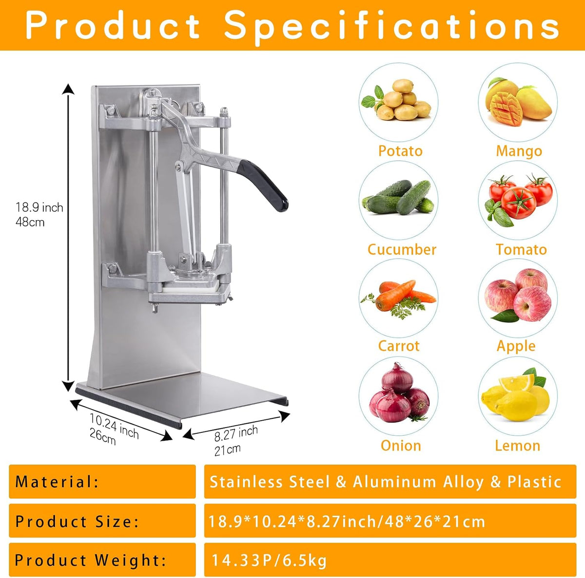 Commercial French Fry Cutter with 4 Size Blades, Stainless Steel 1/4″ 3/8″ 6 Wedges 6 Wedges to Core Chopper, Manual Potato Apple Lemon Slicer Cutting for Restaurant Home Kitchen, Sliver