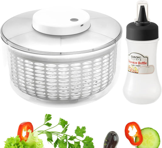 Electric Salad Spinner, 6L Vegetable Washer Dryer with 350ml Squeeze Bottle | Large Capacity Automatic Vegetable Washer Drainer Strainer for Fruit Drying, USB Lettuce Spinner Cleaner for Home Kitchen