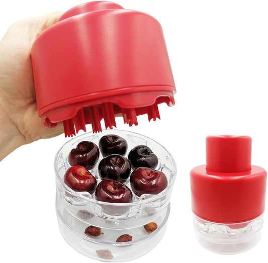 Multi Cherry Pitter Tool, Cherry Stone Remover for Multiple Cherries, Remove 7 Stones One Time, Fruit Pit Stoner for Kitchen Cherry Jam, Quick-Release Multi-Cherry & Olive Pitter (Red)