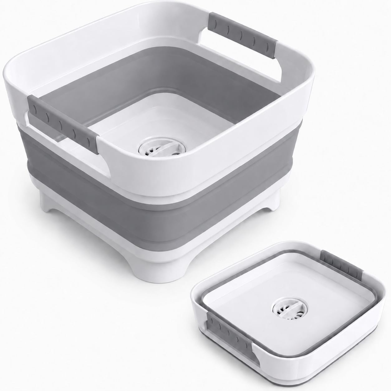Collapsible Dish Basin with Drain Plug, 2.4 Gal 9L Foldable Wash Basin, Portable Sink Tub for Kitchen, Baby Bottles, Camping, RV, Vegetable Washing and Beverage Tub, Gray