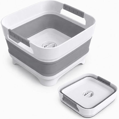 Collapsible Dish Basin with Drain Plug, 2.4 Gal 9L Foldable Wash Basin, Portable Sink Tub for Kitchen, Baby Bottles, Camping, RV, Vegetable Washing and Beverage Tub, Gray