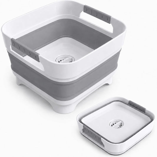 Collapsible Dish Basin with Drain Plug, 2.4 Gal 9L Foldable Wash Basin, Portable Sink Tub for Kitchen, Baby Bottles, Camping, RV, Vegetable Washing and Beverage Tub, Gray
