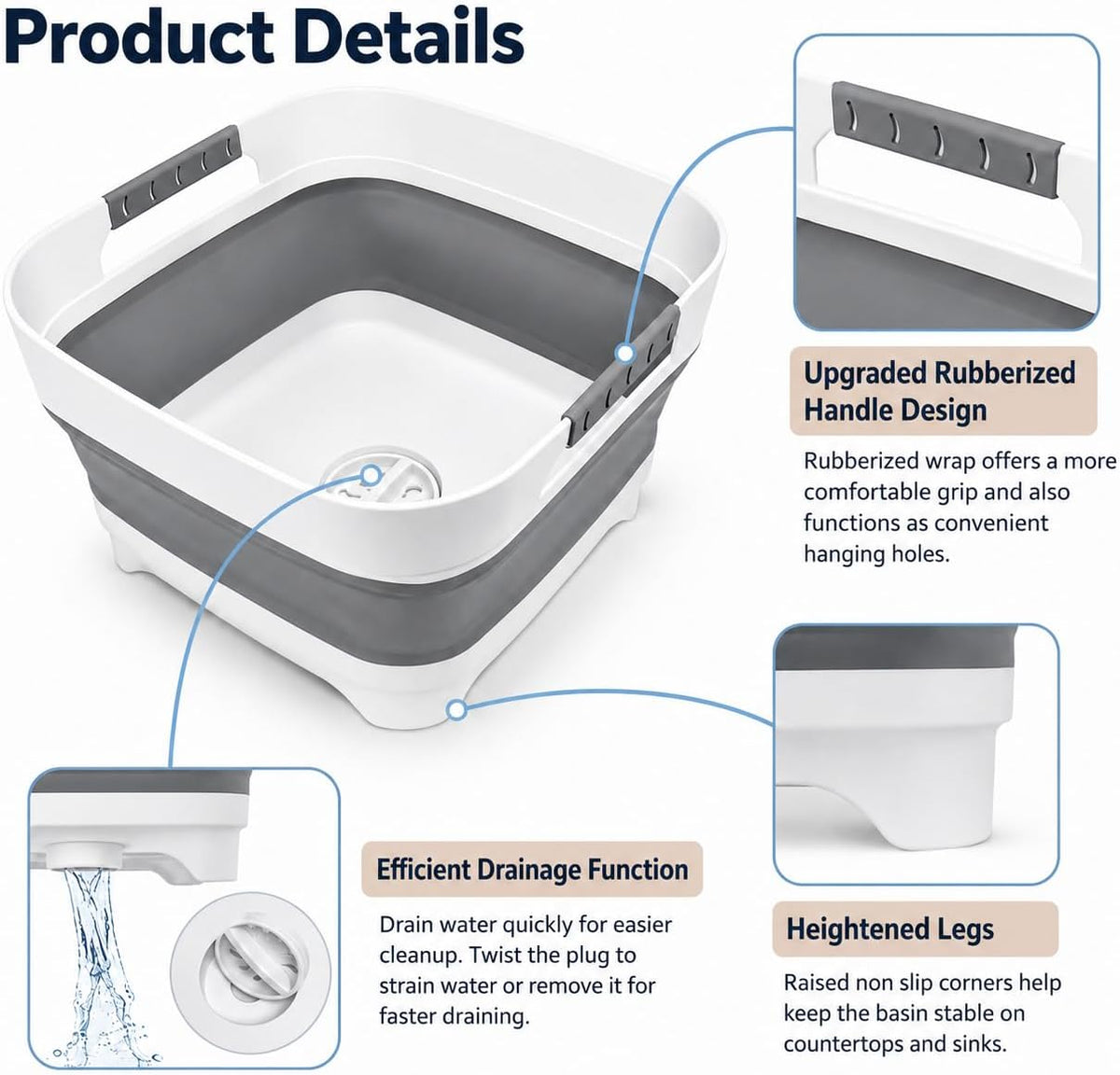 Collapsible Dish Basin with Drain Plug, 2.4 Gal 9L Foldable Wash Basin, Portable Sink Tub for Kitchen, Baby Bottles, Camping, RV, Vegetable Washing and Beverage Tub, Gray