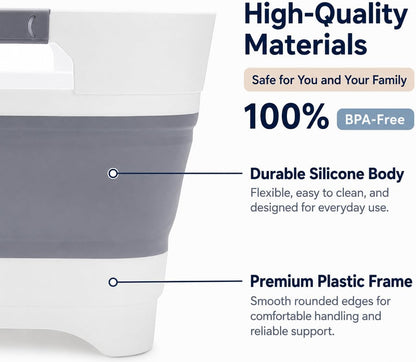 Collapsible Dish Basin with Drain Plug, 2.4 Gal 9L Foldable Wash Basin, Portable Sink Tub for Kitchen, Baby Bottles, Camping, RV, Vegetable Washing and Beverage Tub, Gray