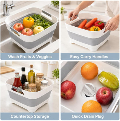 Collapsible Dish Basin with Drain Plug, 2.4 Gal 9L Foldable Wash Basin, Portable Sink Tub for Kitchen, Baby Bottles, Camping, RV, Vegetable Washing and Beverage Tub, Gray
