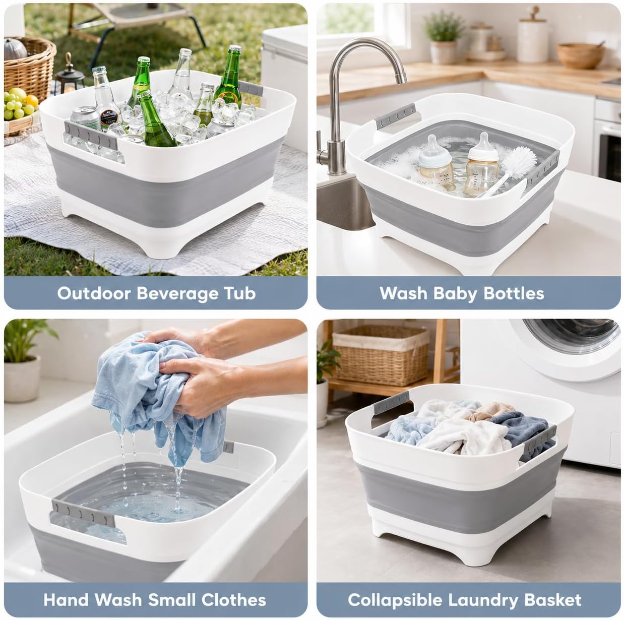 Collapsible Dish Basin with Drain Plug, 2.4 Gal 9L Foldable Wash Basin, Portable Sink Tub for Kitchen, Baby Bottles, Camping, RV, Vegetable Washing and Beverage Tub, Gray
