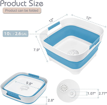 Collapsible Dish Basin with Drain Plug, 2.4 Gal 9L Foldable Wash Basin, Portable Sink Tub for Kitchen, Baby Bottles, Camping, RV, Vegetable Washing and Beverage Tub, Gray