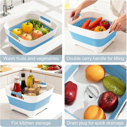 Collapsible Dish Basin with Drain Plug, 2.4 Gal 9L Foldable Wash Basin, Portable Sink Tub for Kitchen, Baby Bottles, Camping, RV, Vegetable Washing and Beverage Tub, Gray