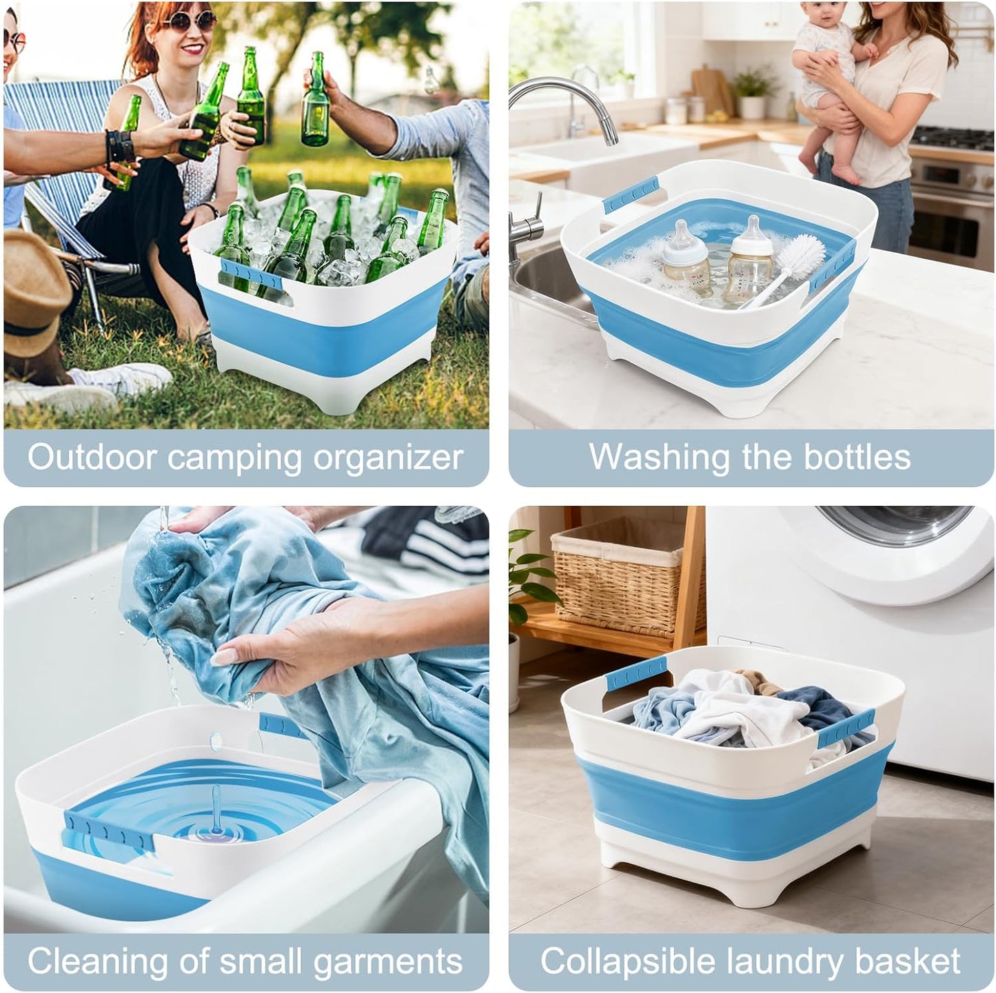 Collapsible Dish Basin with Drain Plug, 2.4 Gal 9L Foldable Wash Basin, Portable Sink Tub for Kitchen, Baby Bottles, Camping, RV, Vegetable Washing and Beverage Tub, Gray