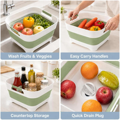 Collapsible Dish Basin with Drain Plug, 2.4 Gal 9L Foldable Wash Basin, Portable Sink Tub for Kitchen, Baby Bottles, Camping, RV, Vegetable Washing and Beverage Tub, Gray