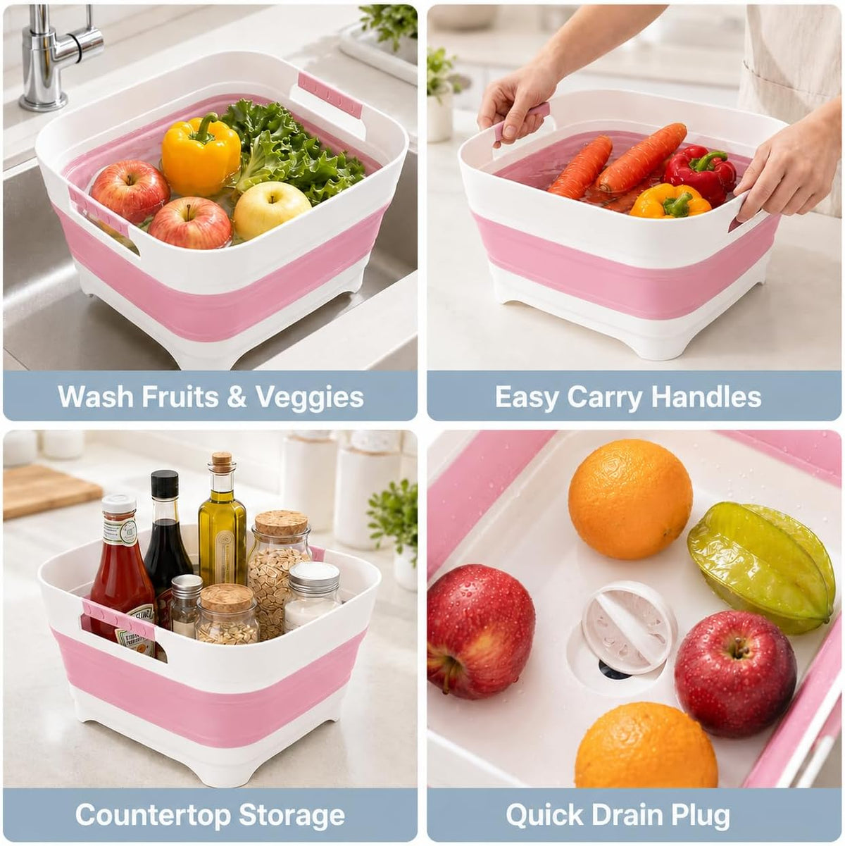 Collapsible Dish Basin with Drain Plug, 2.4 Gal 9L Foldable Wash Basin, Portable Sink Tub for Kitchen, Baby Bottles, Camping, RV, Vegetable Washing and Beverage Tub, Gray