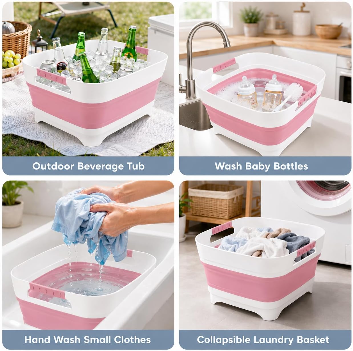 Collapsible Dish Basin with Drain Plug, 2.4 Gal 9L Foldable Wash Basin, Portable Sink Tub for Kitchen, Baby Bottles, Camping, RV, Vegetable Washing and Beverage Tub, Gray