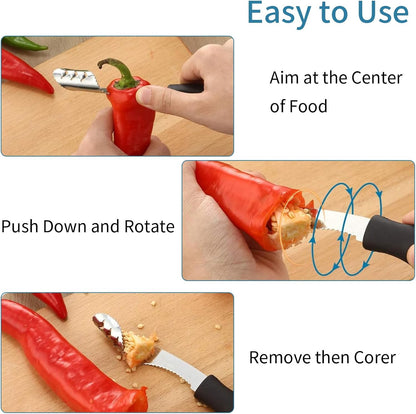 2 Pcs Jalapeno Corer Tool Pepper Corer with Serrated Slice Stainless Steel Pepper Seed Remover Kitchen Fruit and Vegetable Deseeder Efficient Seeding Tool for Jalapeños Chilis Cucumber