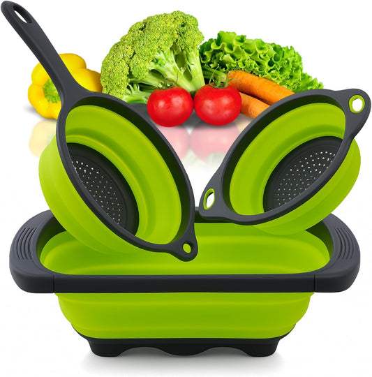 Green Foldable Kitchen Strainer Set – Silicone Colander Collapsible Strainers and Colanders Green Collander for Kitchen Collapsible Compact Drain Tools for Cooking Prep