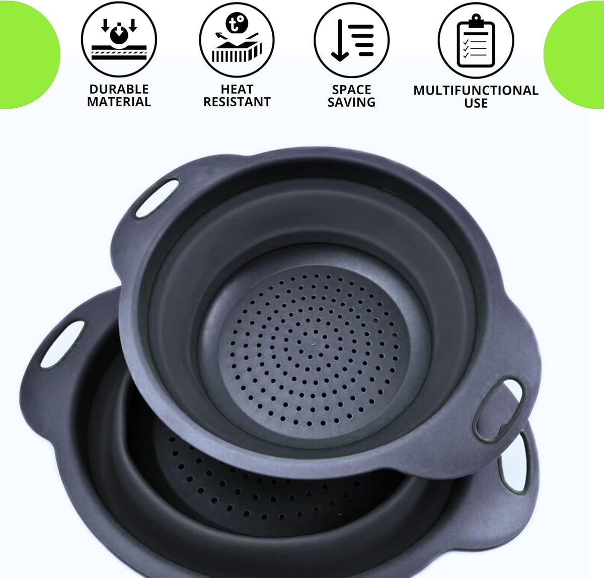 Green Foldable Kitchen Strainer Set – Silicone Colander Collapsible Strainers and Colanders Green Collander for Kitchen Collapsible Compact Drain Tools for Cooking Prep