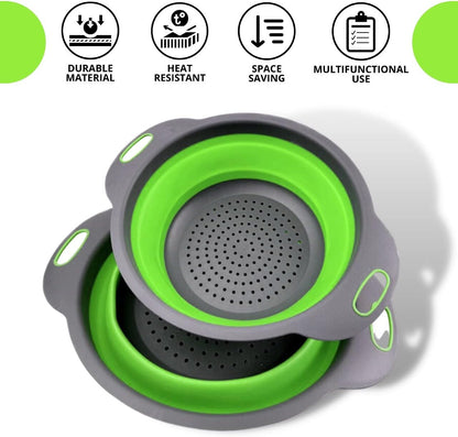 Green Foldable Kitchen Strainer Set – Silicone Colander Collapsible Strainers and Colanders Green Collander for Kitchen Collapsible Compact Drain Tools for Cooking Prep