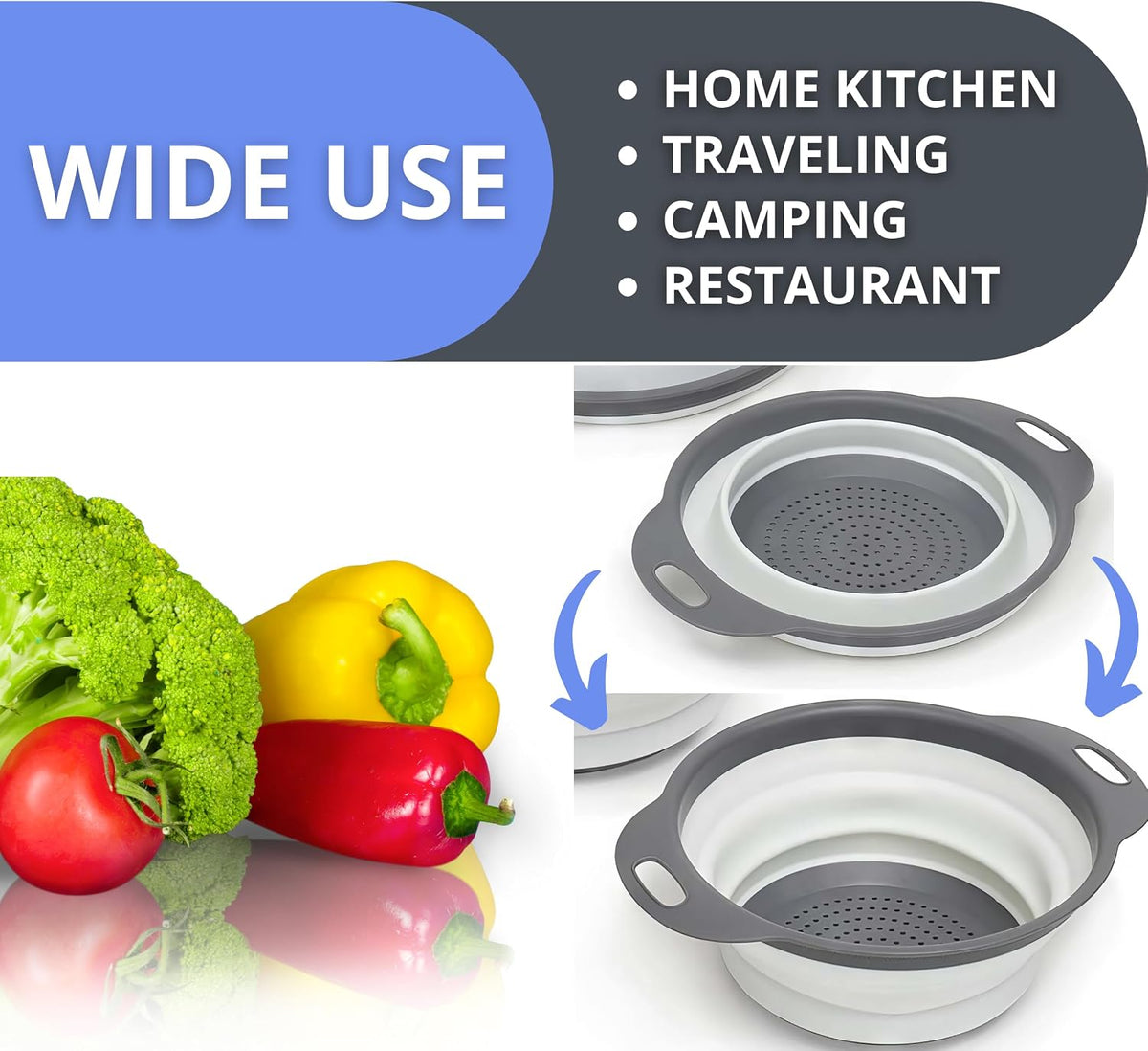 Green Foldable Kitchen Strainer Set – Silicone Colander Collapsible Strainers and Colanders Green Collander for Kitchen Collapsible Compact Drain Tools for Cooking Prep