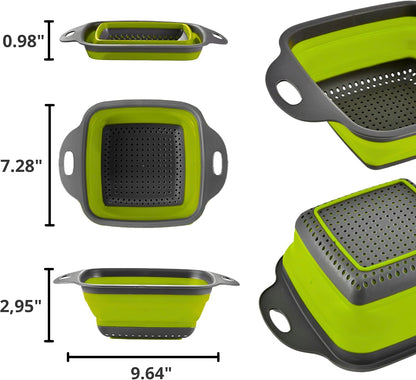 Green Foldable Kitchen Strainer Set – Silicone Colander Collapsible Strainers and Colanders Green Collander for Kitchen Collapsible Compact Drain Tools for Cooking Prep