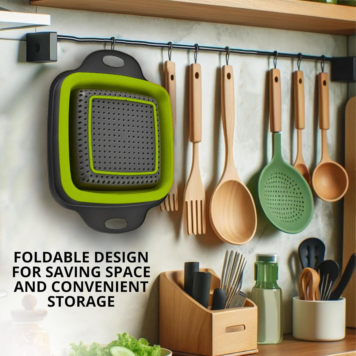 Green Foldable Kitchen Strainer Set – Silicone Colander Collapsible Strainers and Colanders Green Collander for Kitchen Collapsible Compact Drain Tools for Cooking Prep